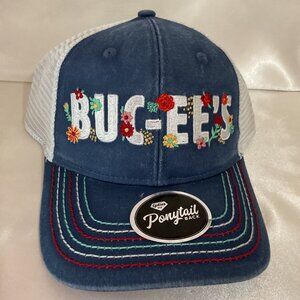 Buc-Ees Womens Embroidered Denim & Mesh Ponytail Back Trucker Hat With Floral De